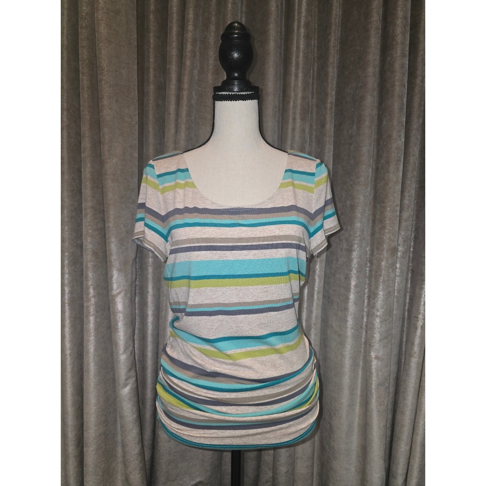 W by Worth Womens Ruched Side Striped Short Sleeve Scoop Neck Top Multicolor S